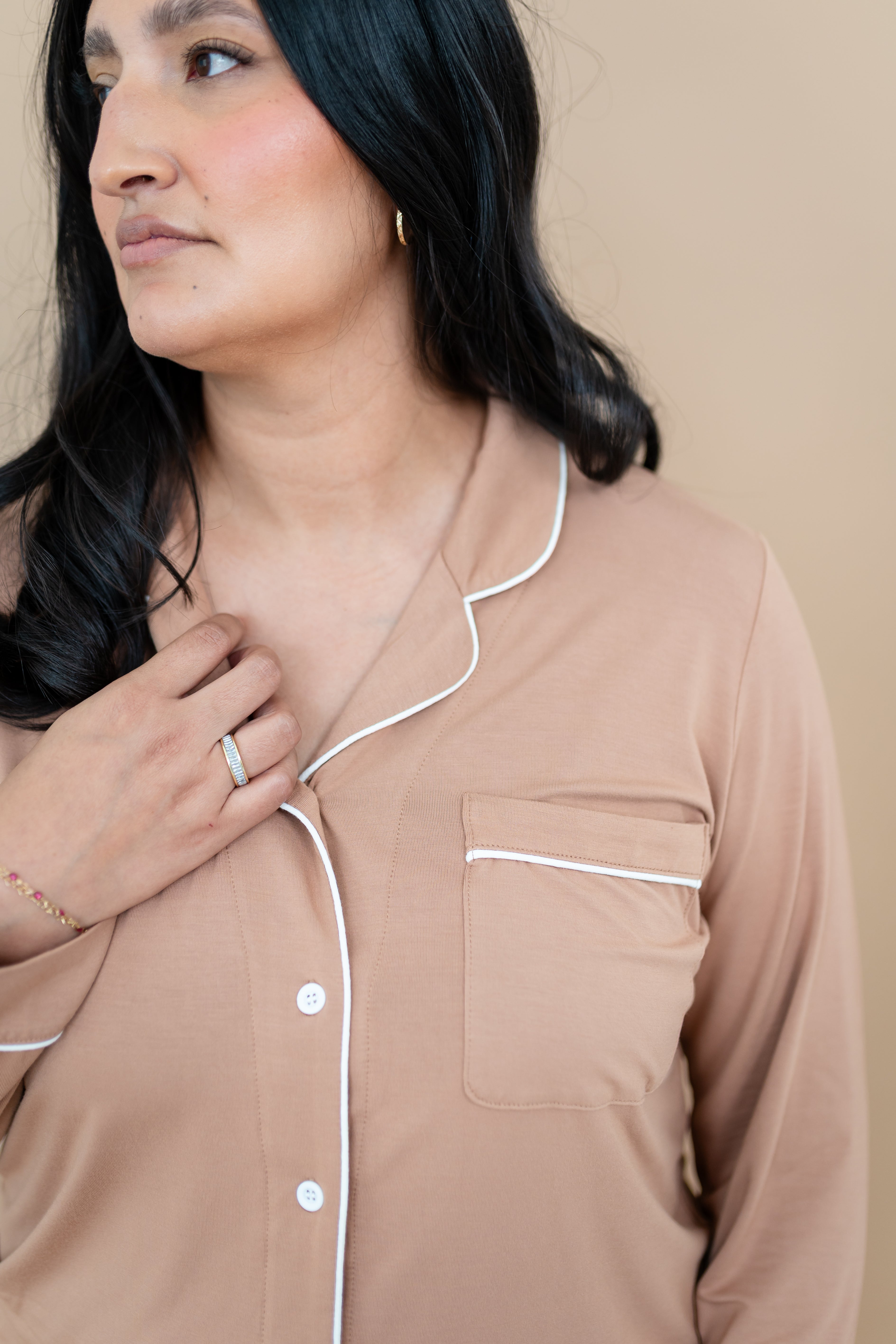 Close up of the top of the Women's Long Sleeve Pajama Set in Latte