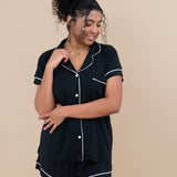 Female model in Women's Short Sleeve Pajama Set in Midnight with Cloud Trim