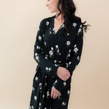 Female modeling the Women’s Lounge Robe in Big Midnight Magnolia