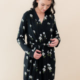 Female wearing the Women’s Lounge Robe in Big Midnight Magnolia