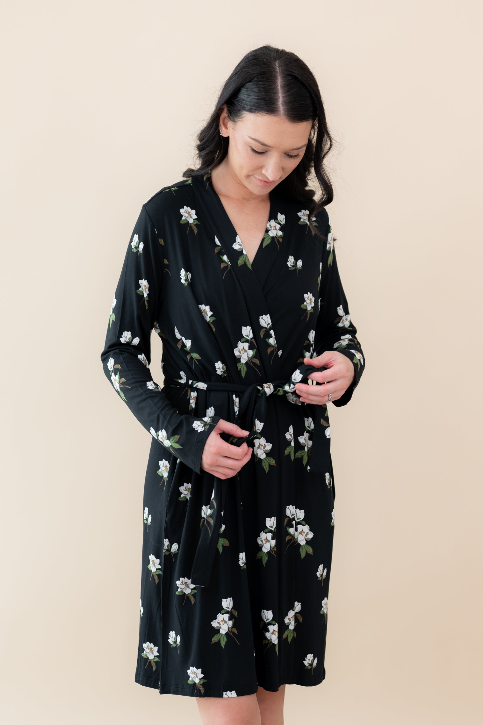 Female wearing the Women’s Lounge Robe in Big Midnight Magnolia