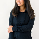 Woman modeling Women's Ribbed Hoodie in Midnight