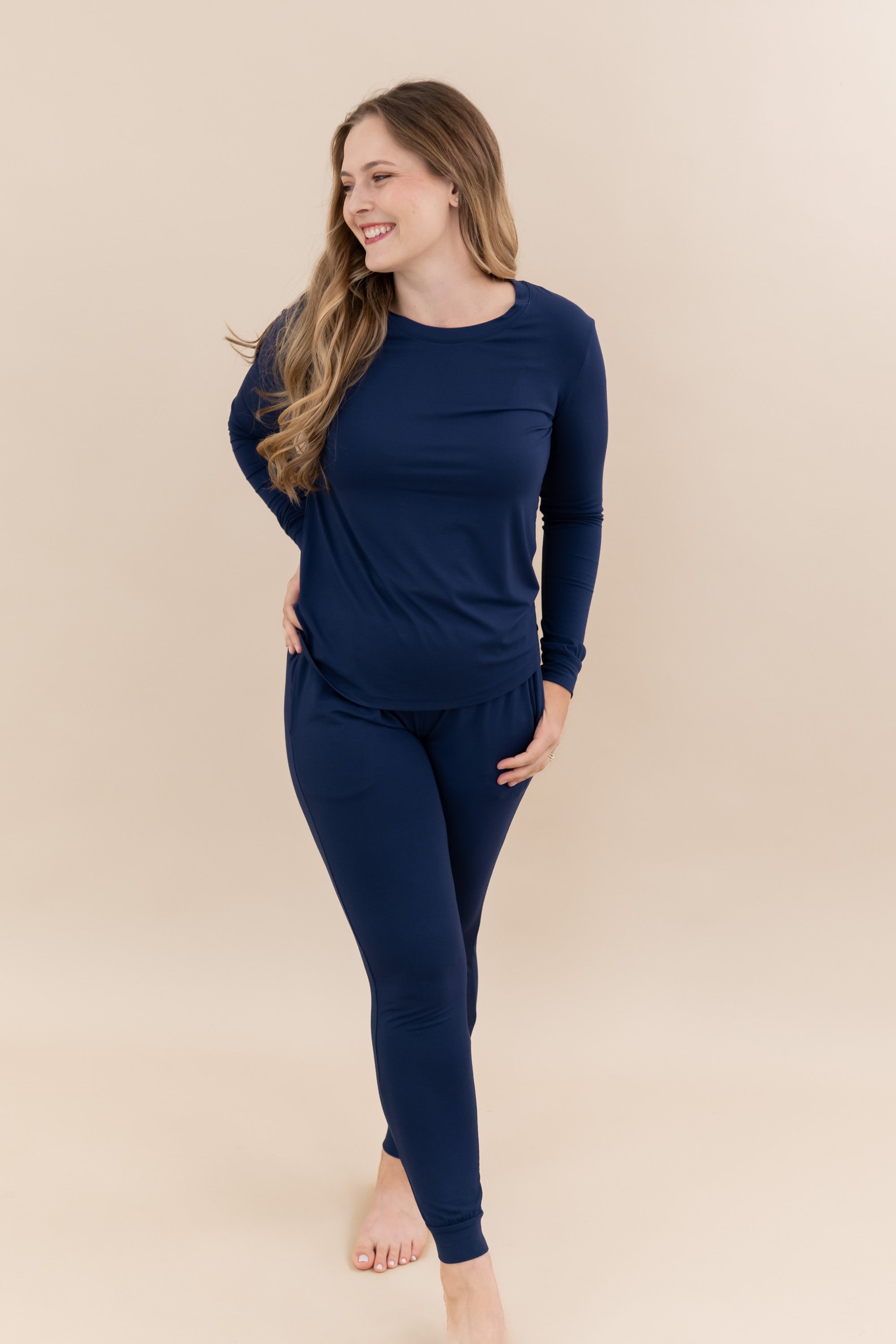Full length phot of model wearing the Women's Jogger Pajama Set in Navy