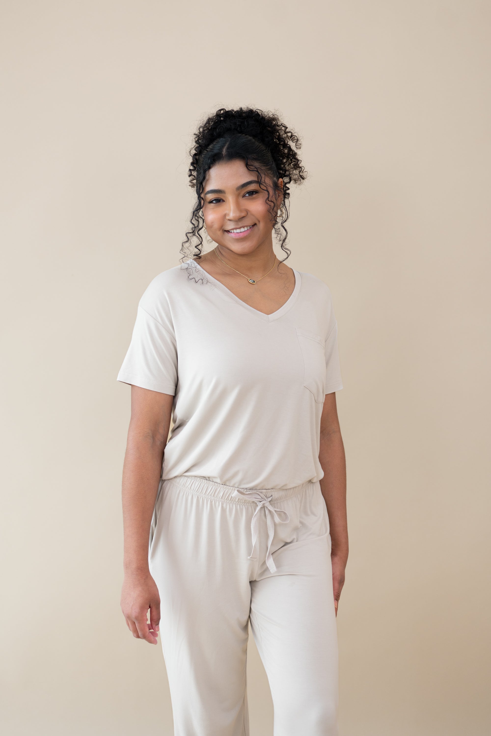Model wearing the Women’s Relaxed Fit V-Neck in Oat