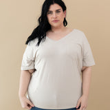 Model wearing the Women’s Relaxed Fit V-Neck in Oat
