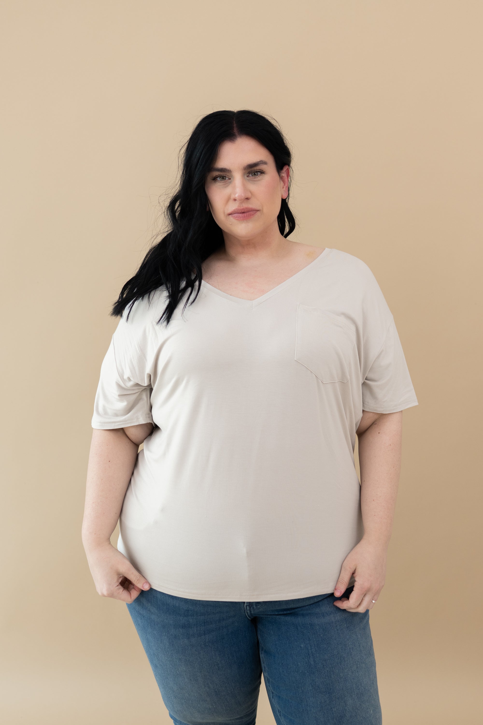 Model wearing the Women’s Relaxed Fit V-Neck in Oat