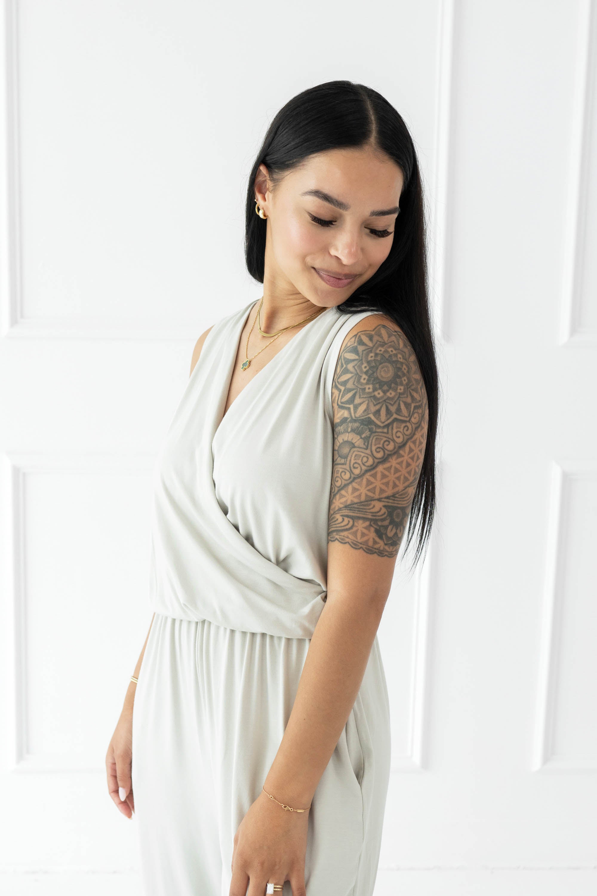 Female wearing the Women's Jumpsuit in Oat
