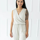 Female wearing the Women's Jumpsuit in Oat