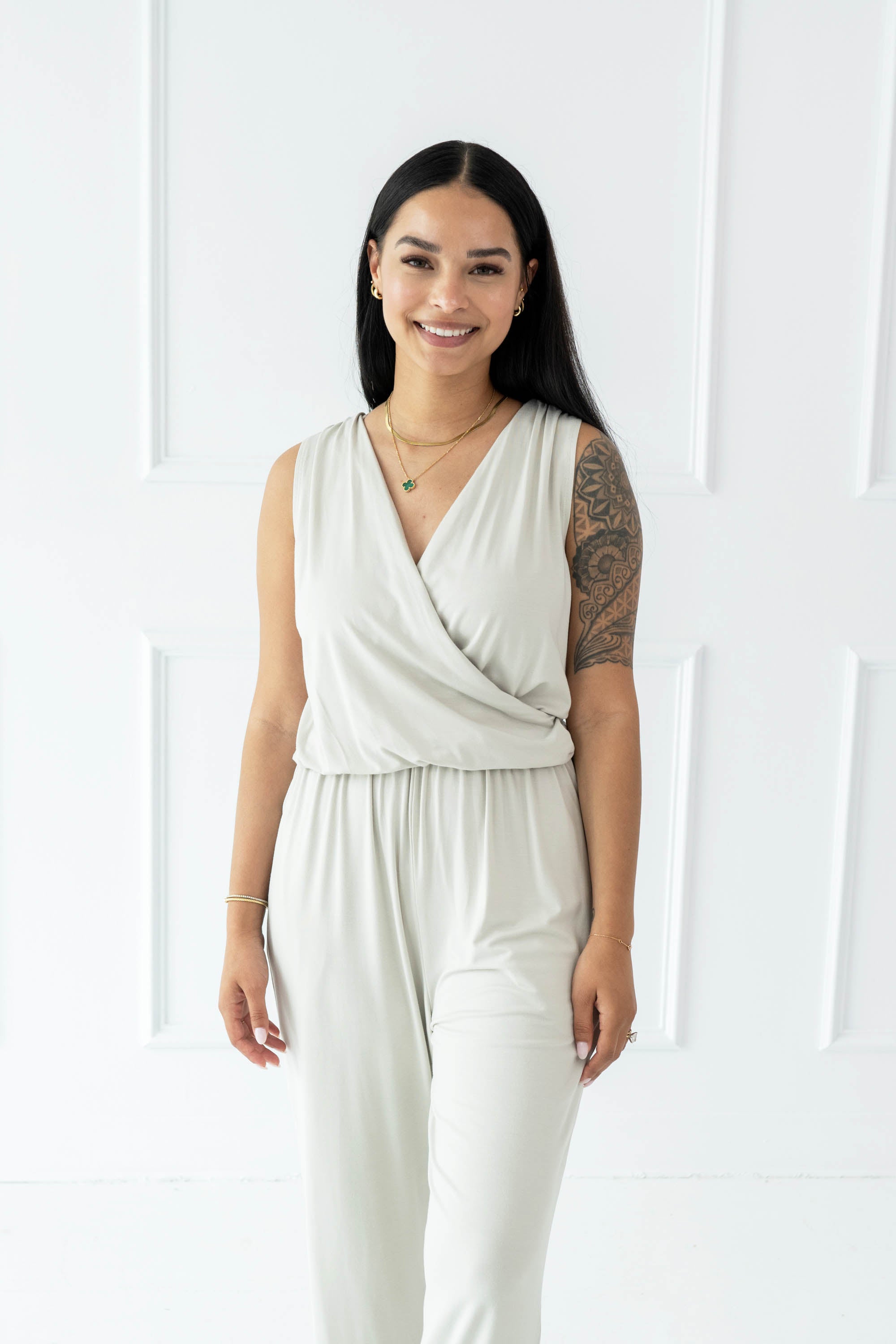 Female wearing the Women's Jumpsuit in Oat