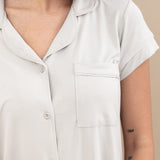 Close up on the color and pocket of the Women's Short Sleeve Pajama Set in Oat