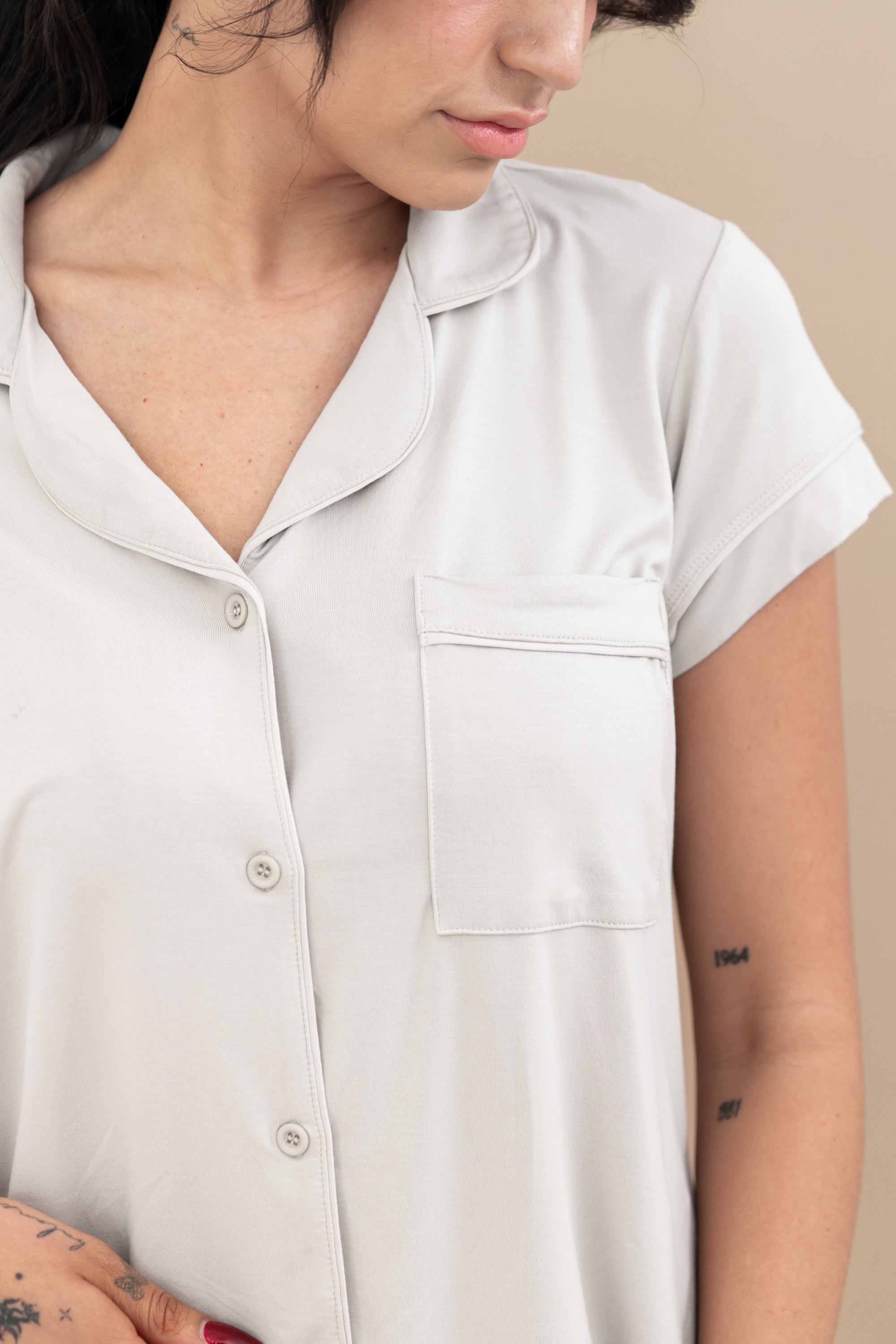 Close up on the color and pocket of the Women's Short Sleeve Pajama Set in Oat
