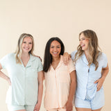 3 women modeling Women's Short Sleeve Pajama Sets in Mist, Canyon and Dew