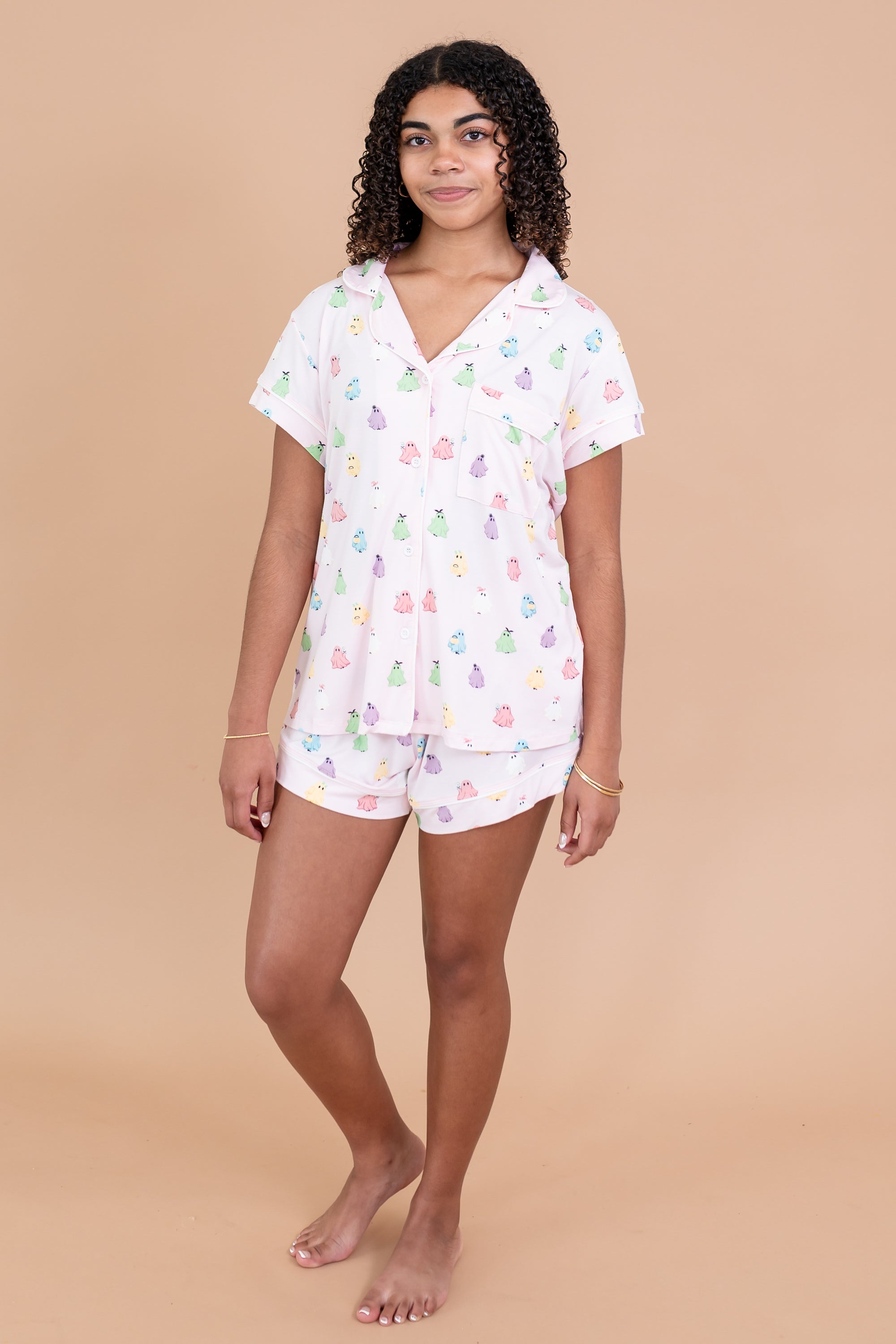 Women modeling the Kyte Short Sleeve Pajama Set in Pastel Ghost