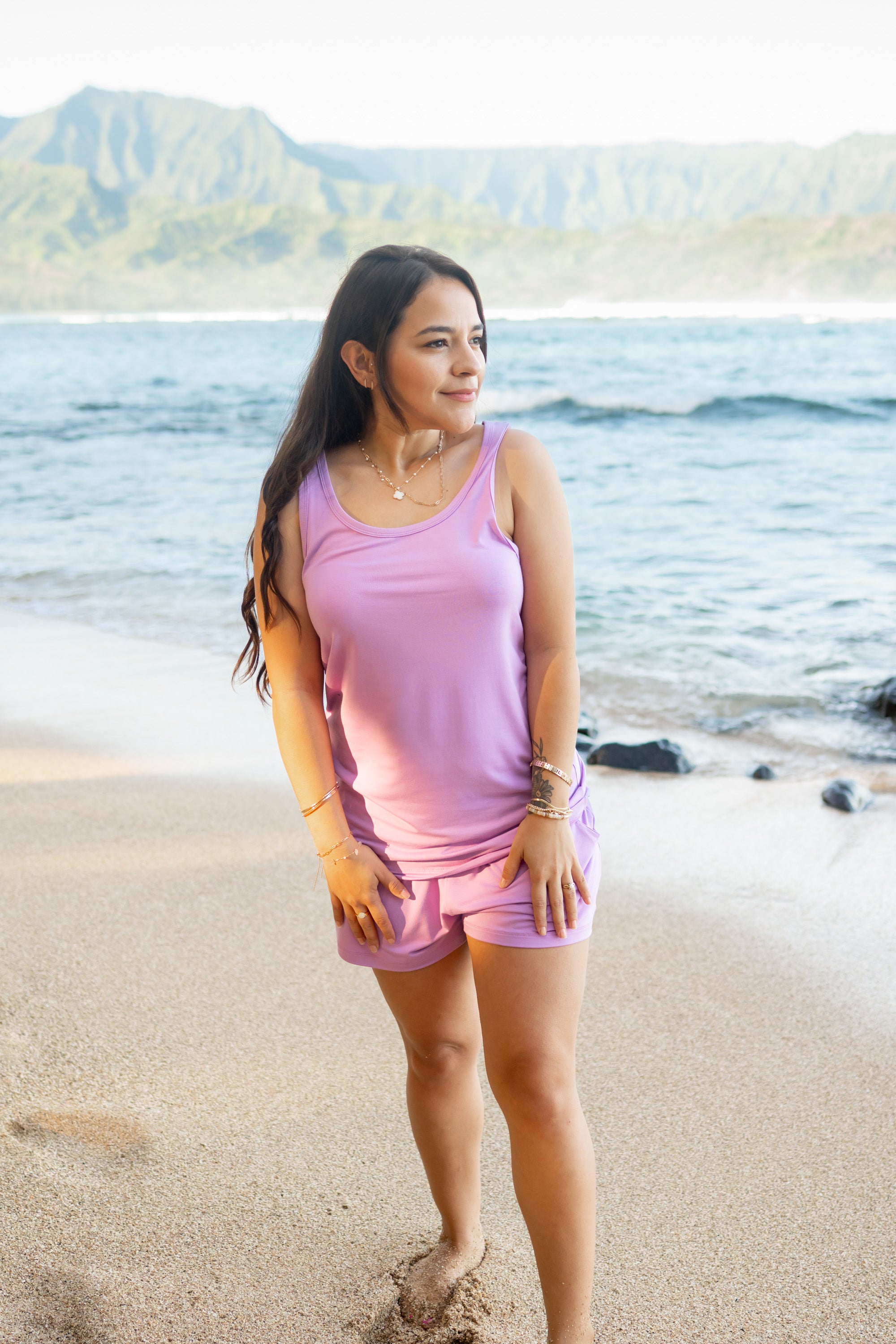 Female wearing the Women’s Tank Set in Poi