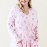 Close up on woman modeling Women's Lounge Robe in Sakura Peony showing front pockets and adjustable waist tie