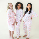 Group of 3 models wearing Sakura Peony items like Lounge Robe and Women's Jogger Set