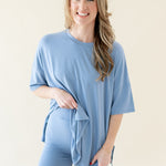 Woman modeling Women’s blue Biker Short Set in Slate
