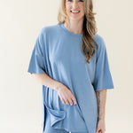 Woman wearing Women’s Biker Short lounge Set with oversized shirt in Slate