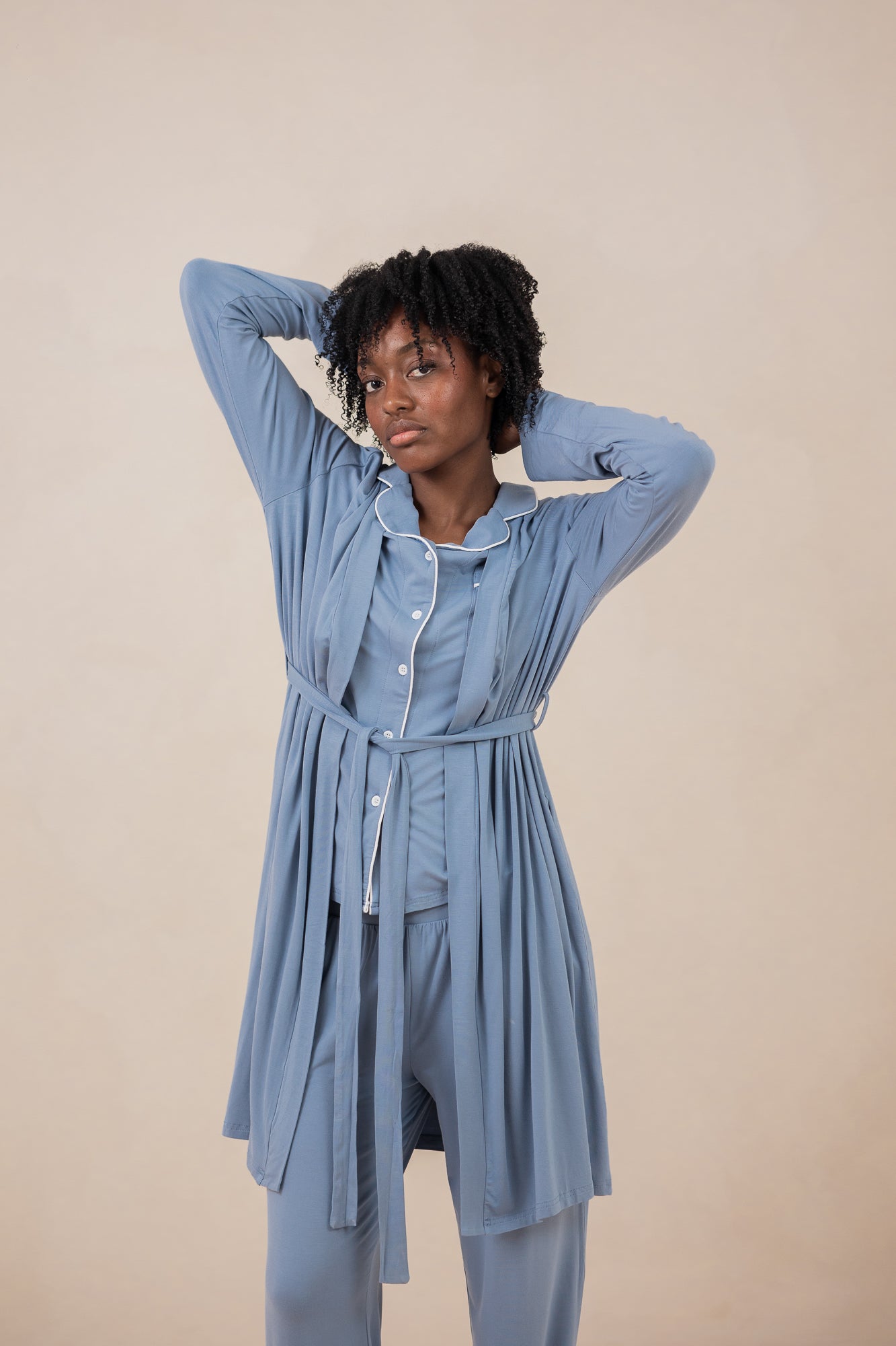 Women modeling the Kyte Women's Robe in Slate and matching Long Sleeve Pajama Set