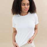 Female wearing the Women's Crew Neck Tee in Snow