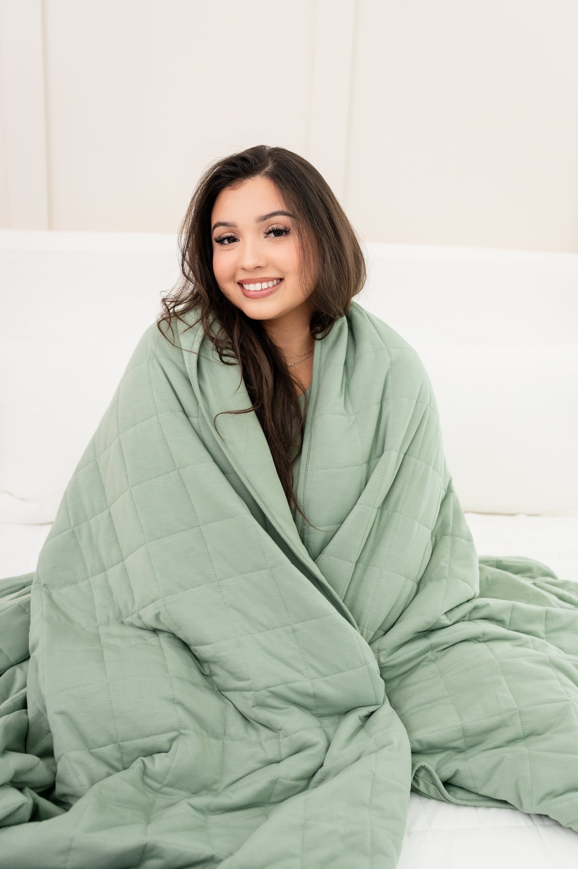 Model wrapped in Bamboo Blanket in Thyme 2.5