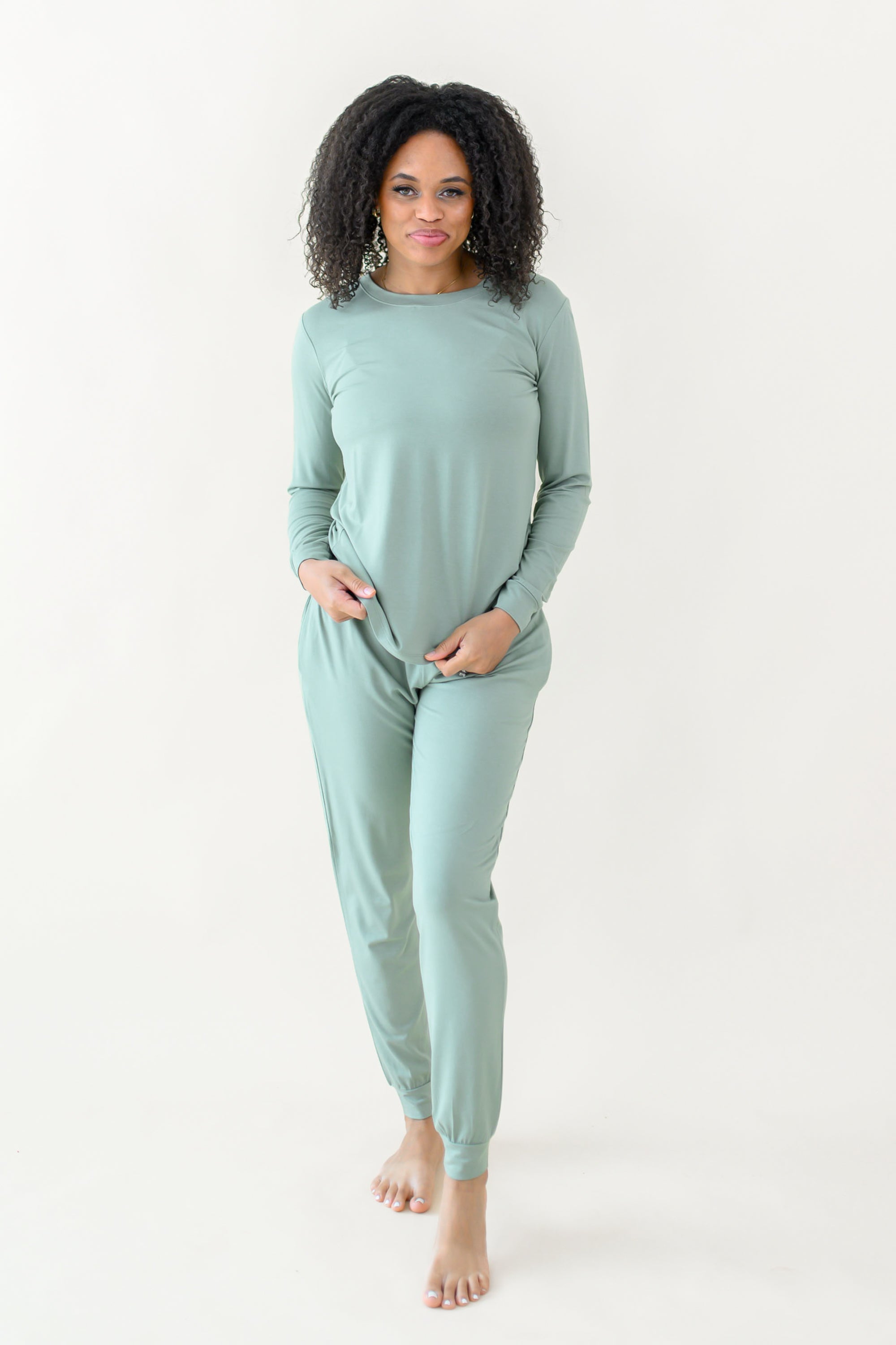 Woman modeling Women's Jogger Pajama Set in Thyme