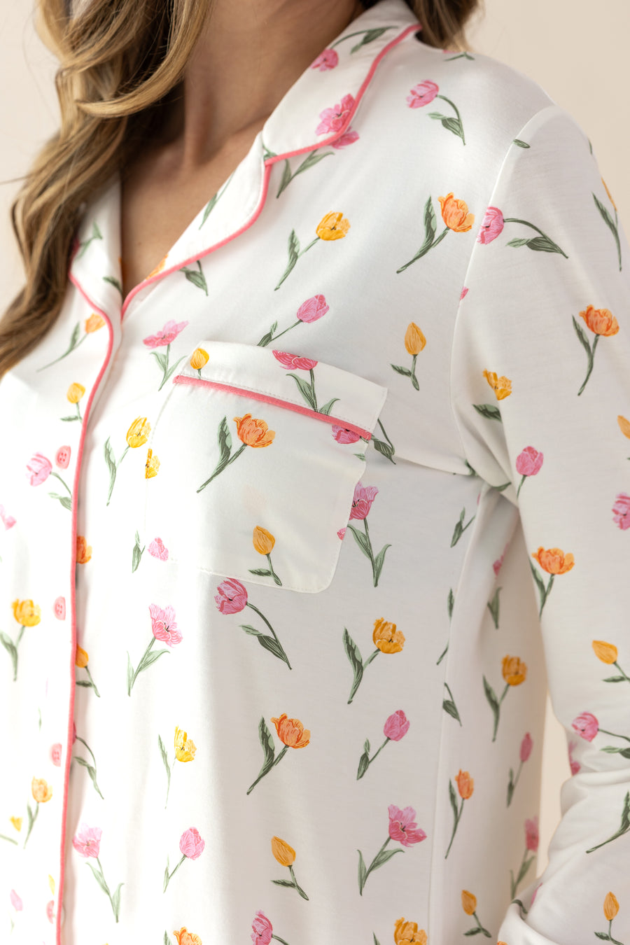 Floral-patterned pajama top with a close-up view of the fabric.
