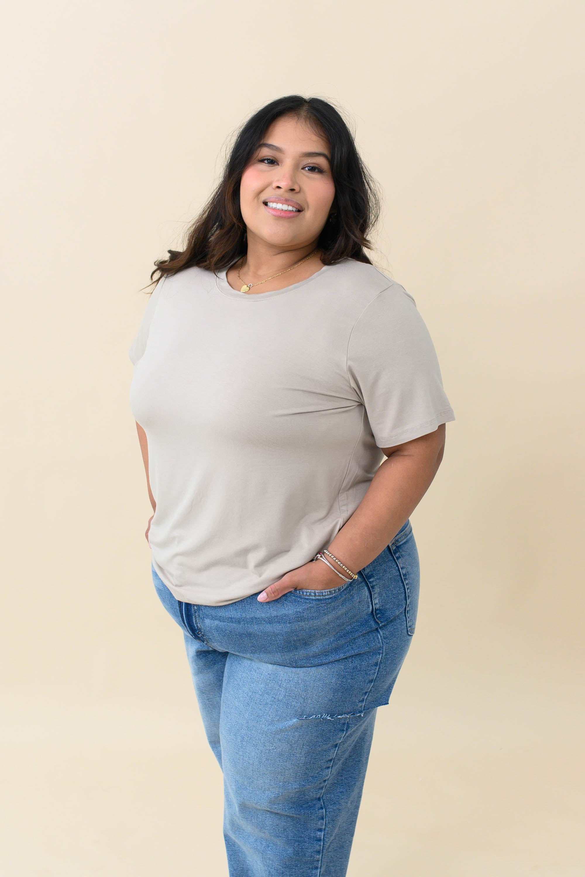 Female modeling the Women's Crew Neck Tee in Almond