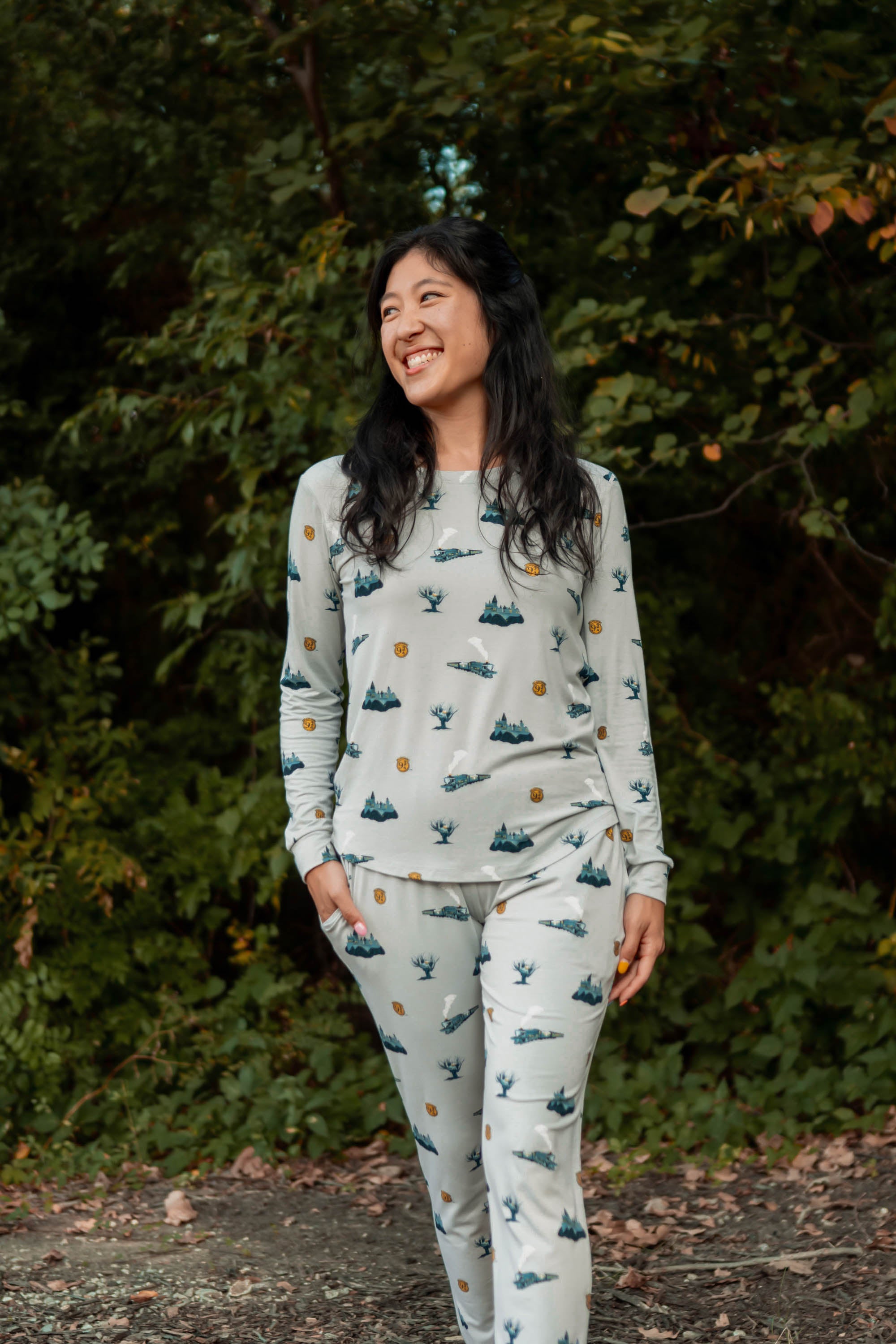 Smiling model wearing the Women's Jogger Pajama Set in Journey with one hand in jogger pant pocket