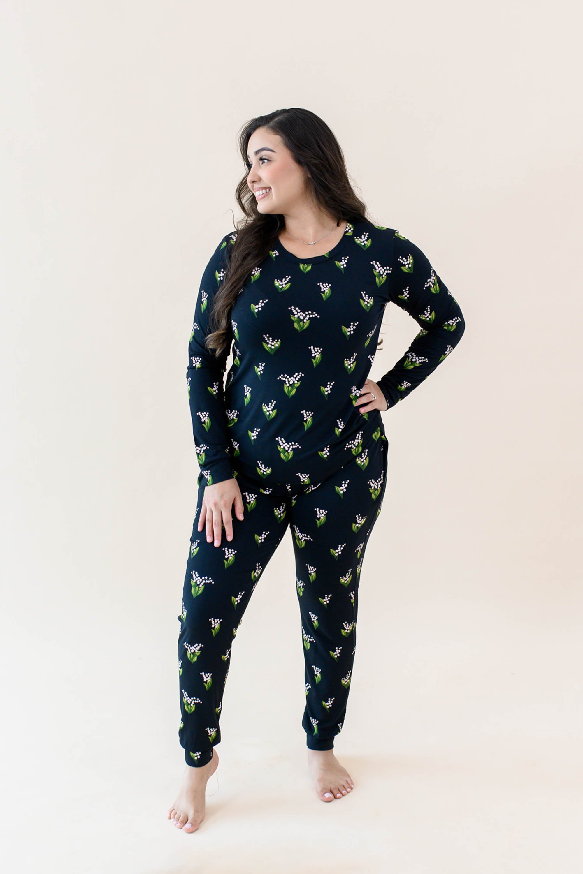 Model wearing the Women's Jogger Pajama Set in Midnight Lily