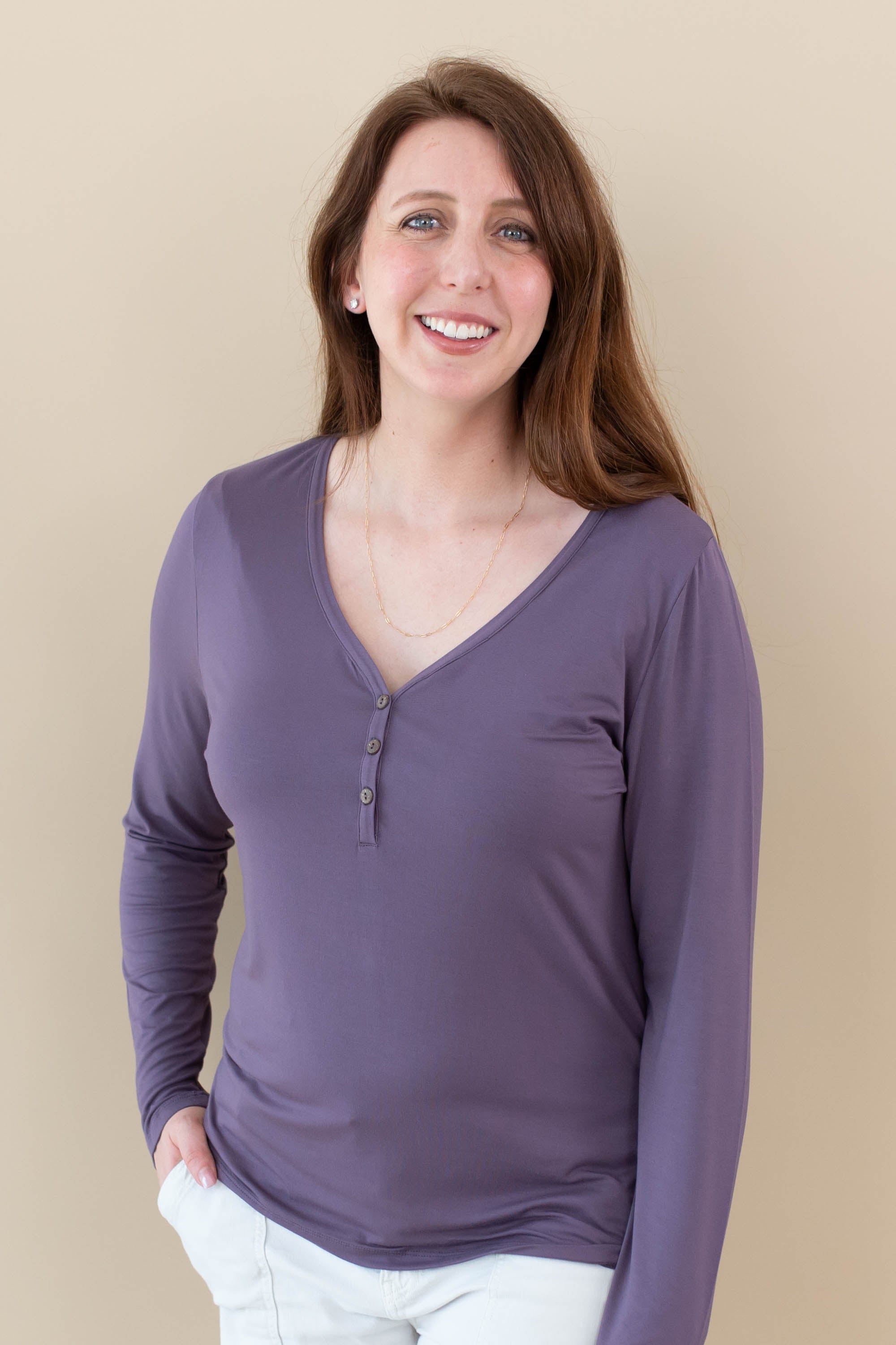 Kyte Baby's Women's Long Sleeve Henley Tee in Currant