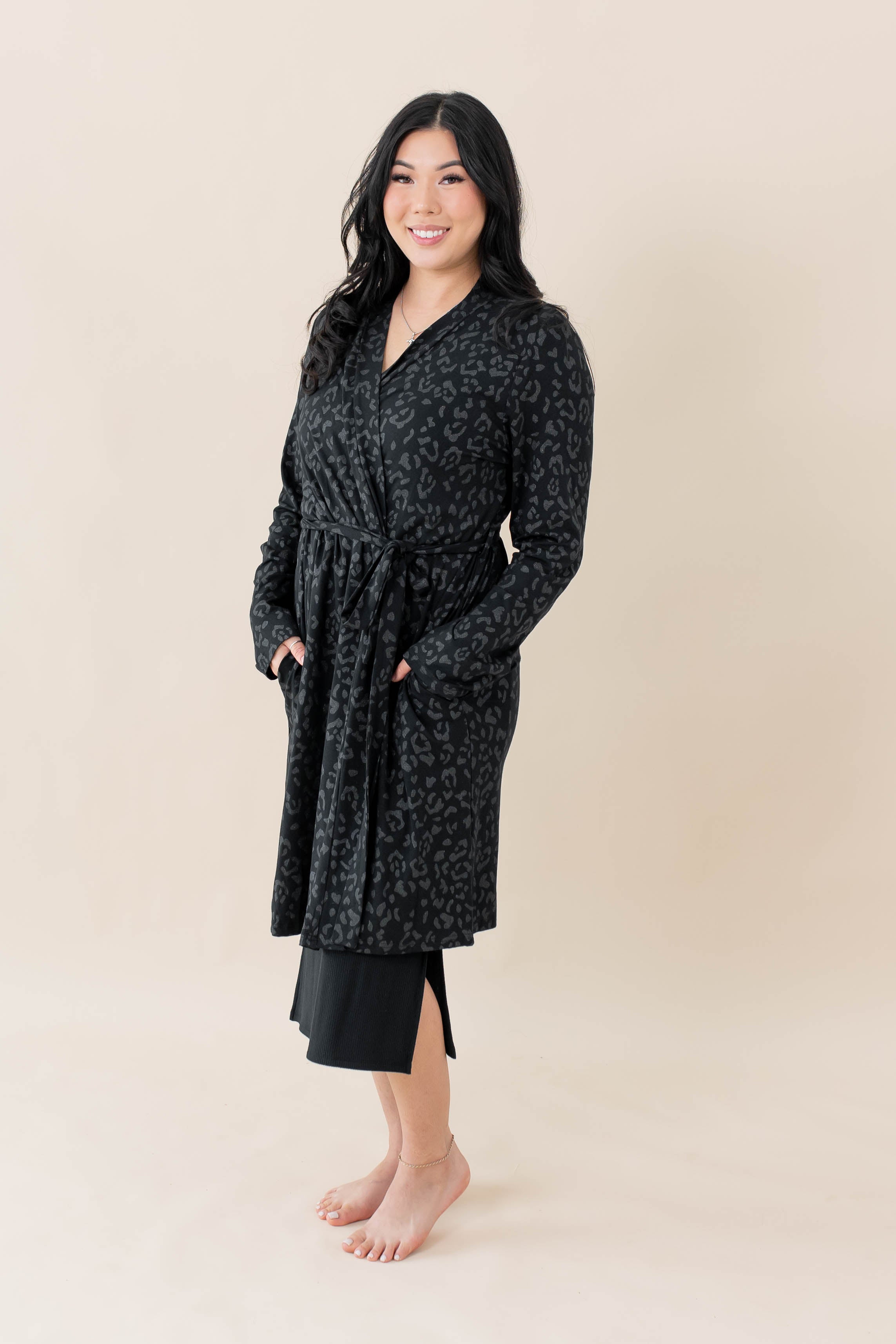 Model wearing the Women's Lounge Robe in Midnight Leopard