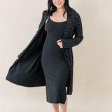 Model wearing the Women's Lounge Robe in Midnight Leopard overtop the Women's Ribbed Cami Dress in Midnight