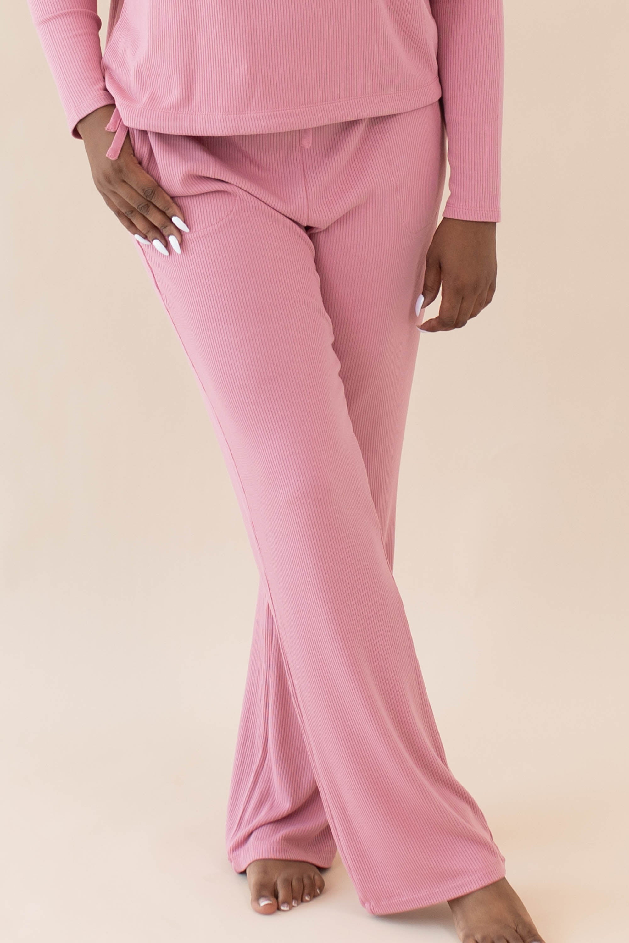 Model wearing the Women's Ribbed High Waisted Wide Leg Pant in Apple Blossom