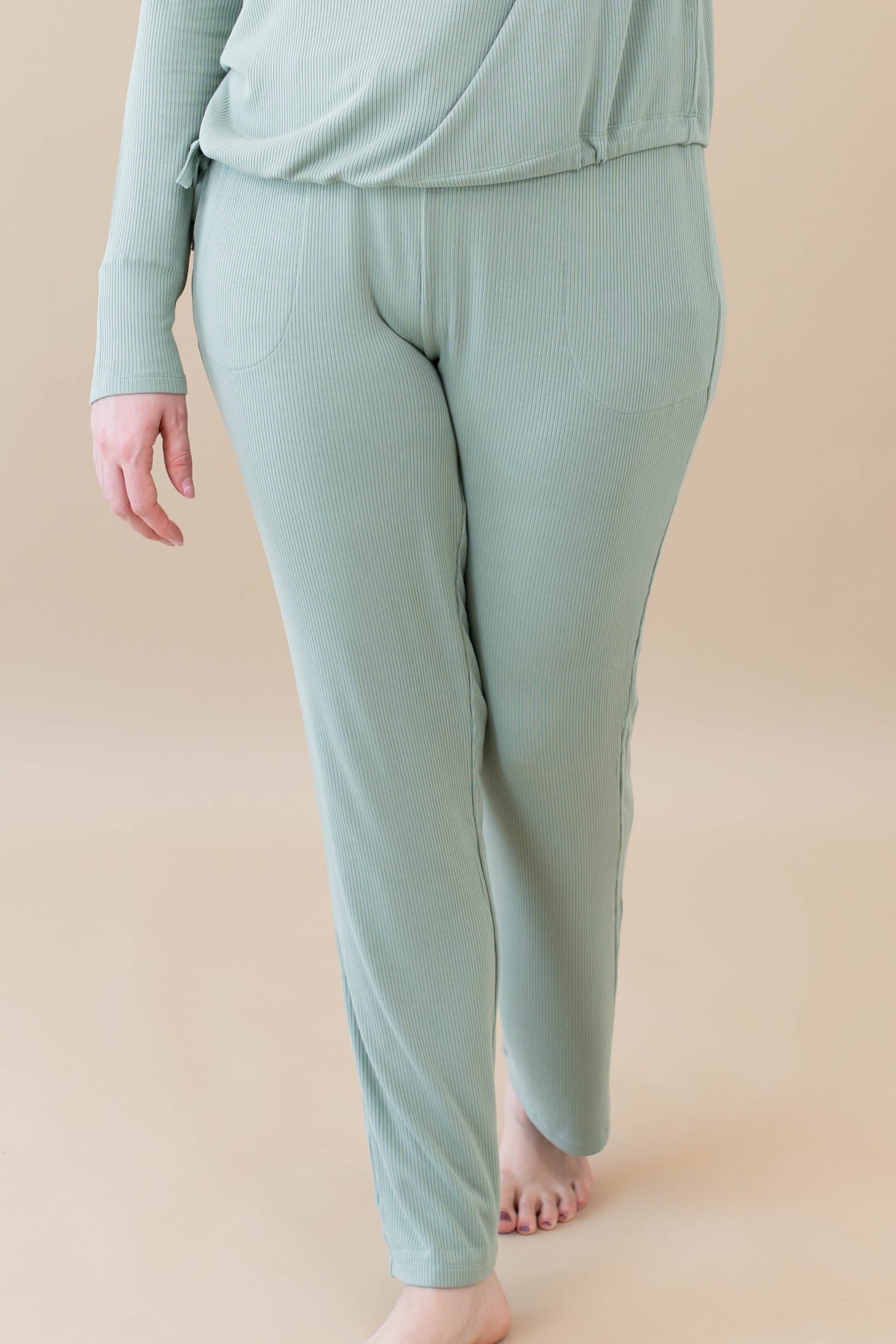 Model wearing the Women's Ribbed High Waisted Wide Leg Pant in Thyme