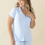 Model wearing size medium modeling Women's Short Sleeve Pajama Set in Mist