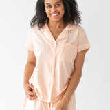 Woman modeling Women's Short Sleeve Pajama Set in Canyon