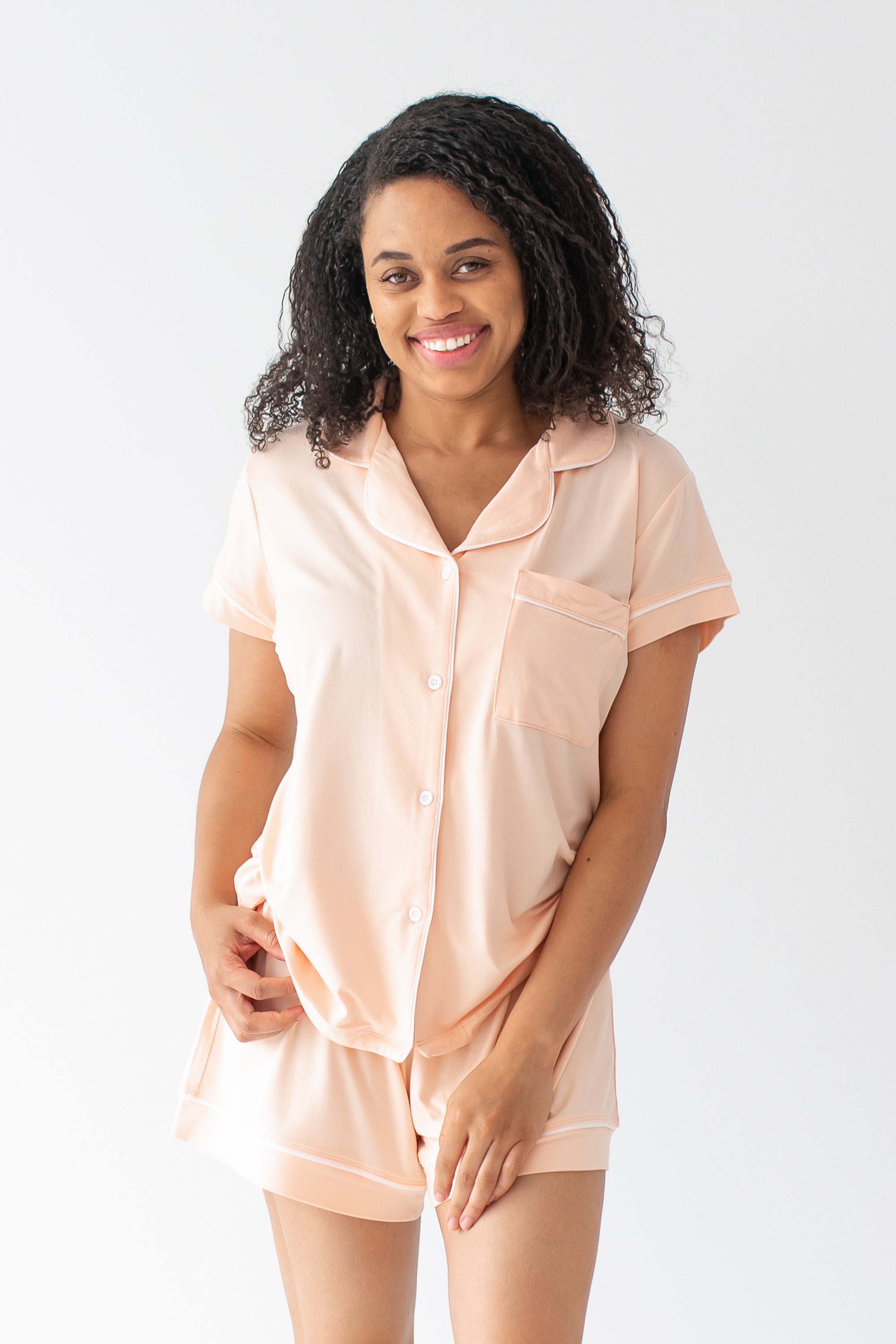 Woman modeling Women's Short Sleeve Pajama Set in Canyon
