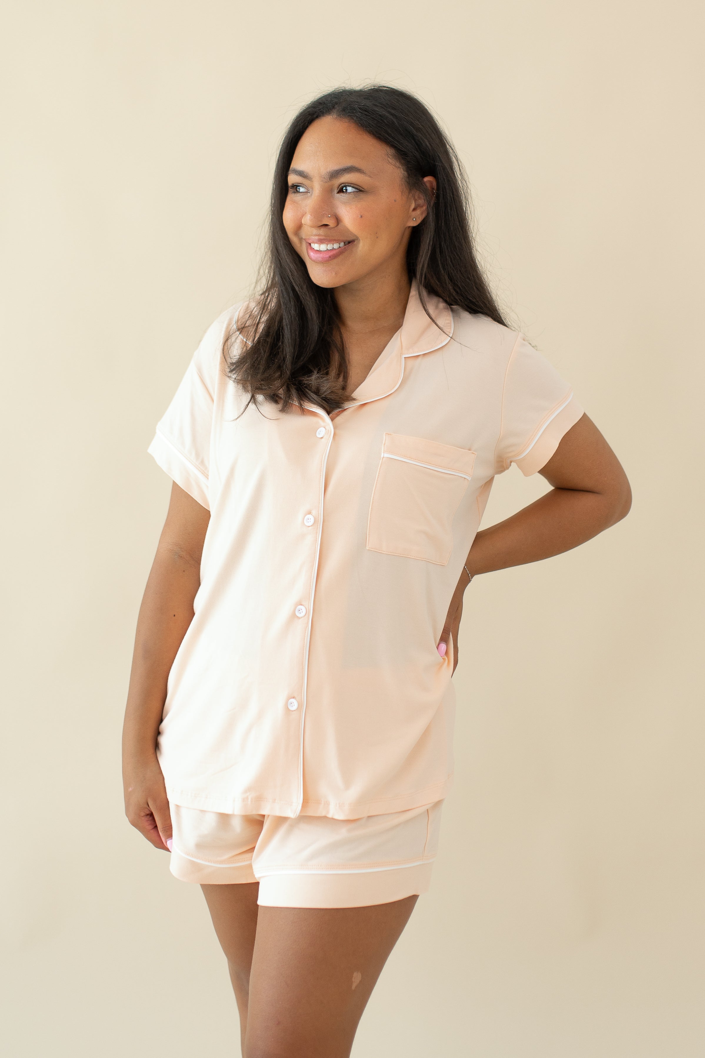 Woman modeling Women's Short Sleeve Pajama Set in Canyon with hand on hip
