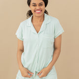 Woman modeling Women's Short Sleeve Pajama Set in Dew