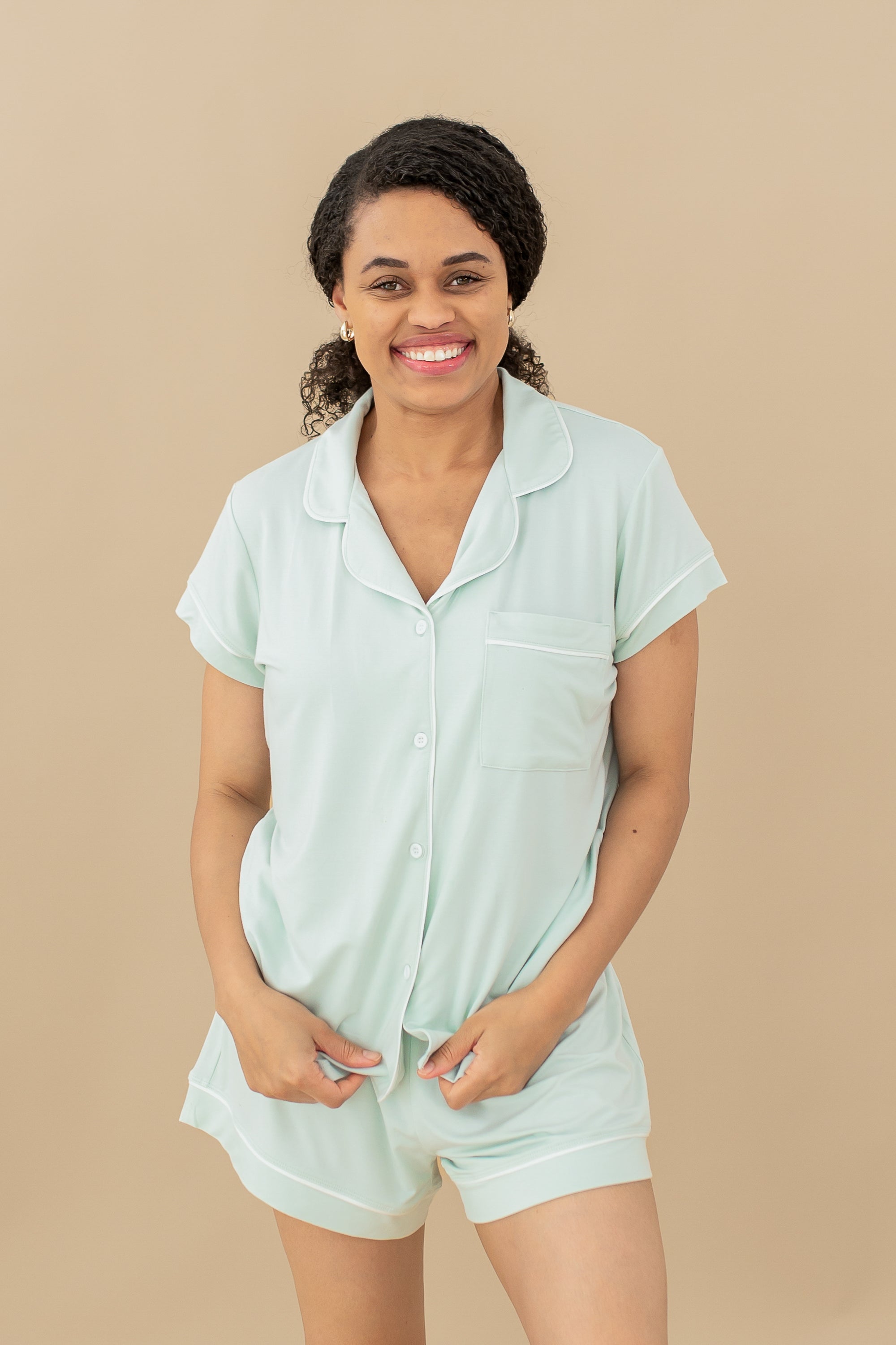 Woman modeling Women's Short Sleeve Pajama Set in Dew