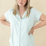 Woman modeling Women's Short Sleeve Pajama Set in Dew with hand on hips