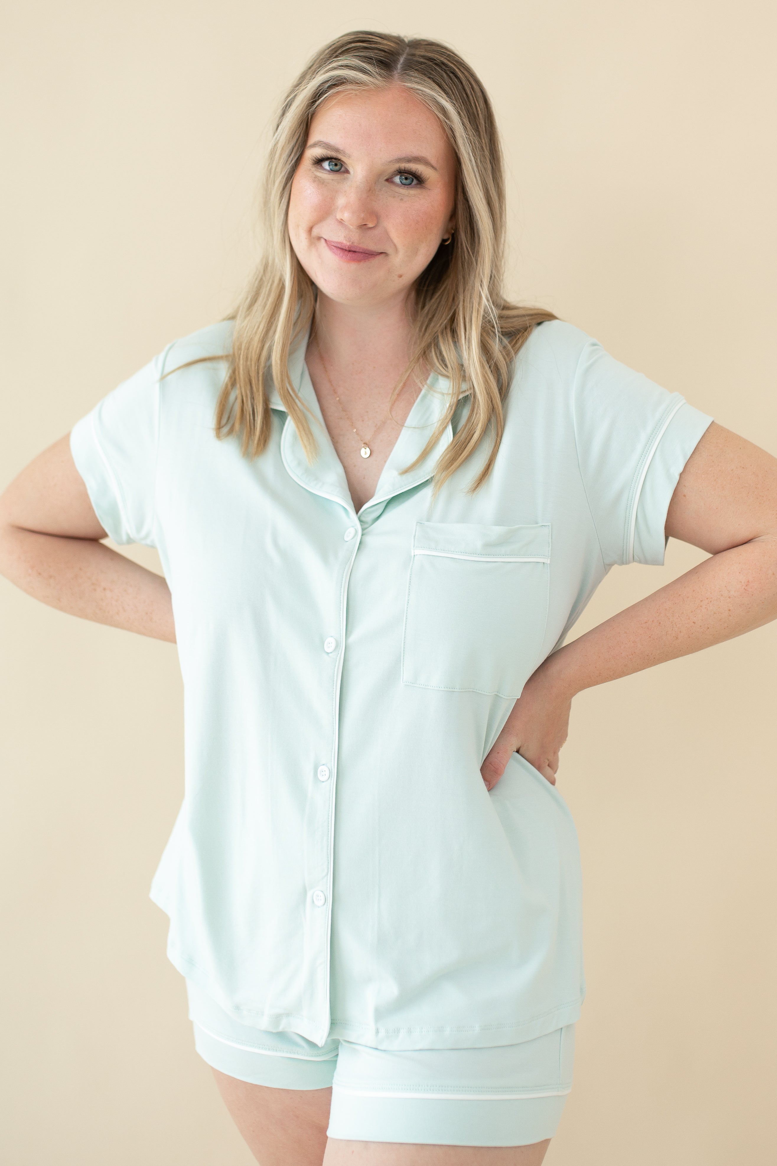 Woman modeling Women's Short Sleeve Pajama Set in Dew with hand on hips