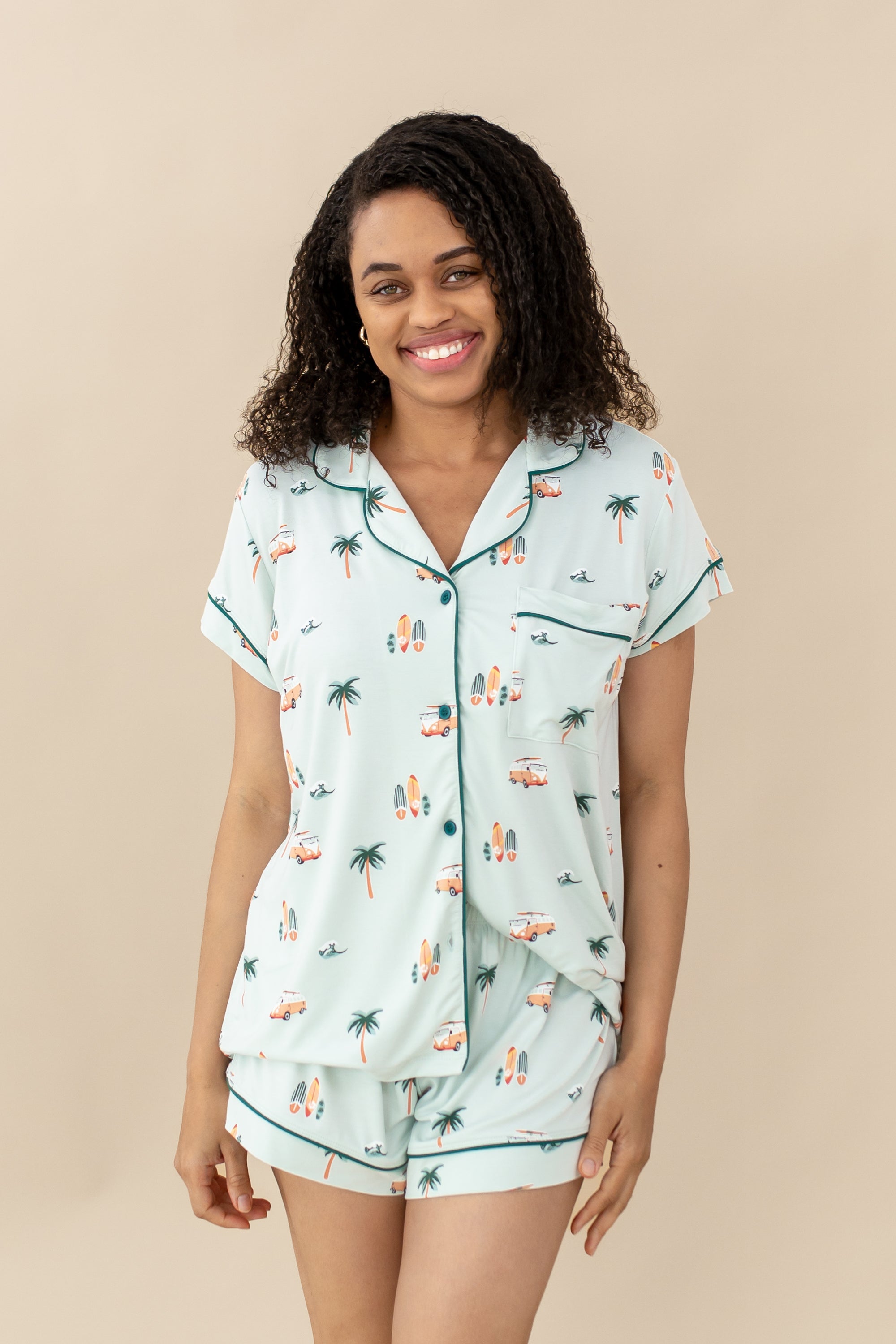 Model wearing Women's Short Sleeve Pajama Set in Dew Surf