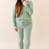 Female wearing the Women's Ribbed Hoodie in Thyme and Women's Ribbed Jogger Pant in Thyme