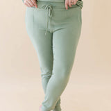 Women's Ribbed Jogger Pant in Thyme showing the drawstring waistband