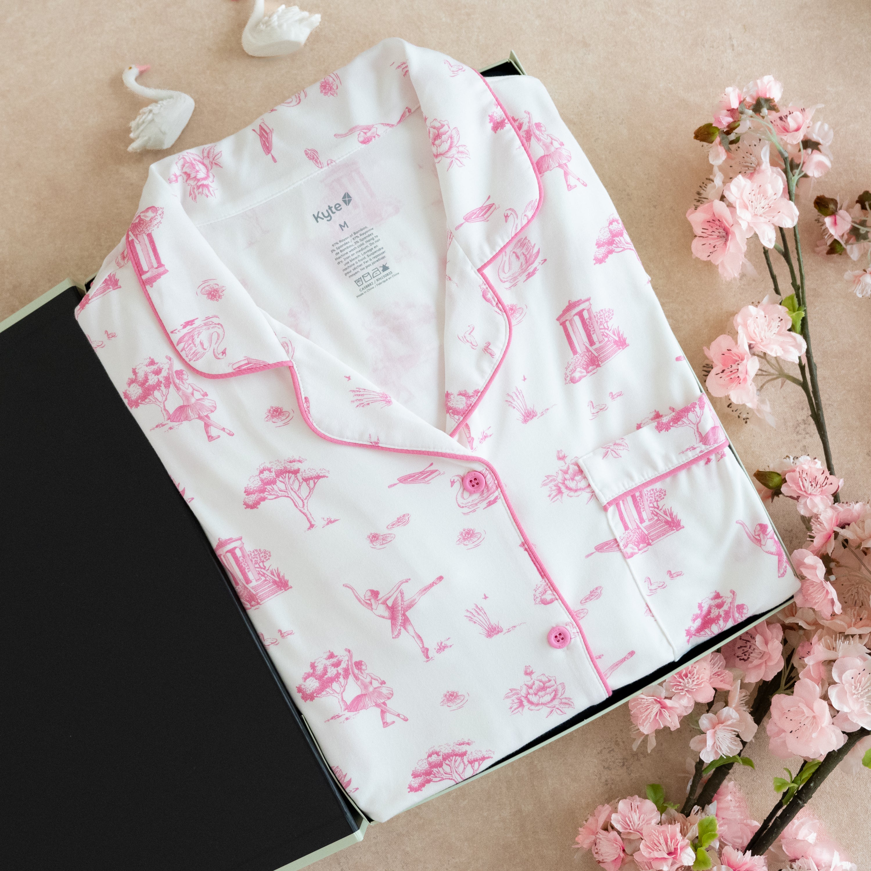 Pink toile printed pajama set in a gift box with florals