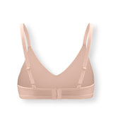 Back side of Women's V-Neck Bra in Chai on white background