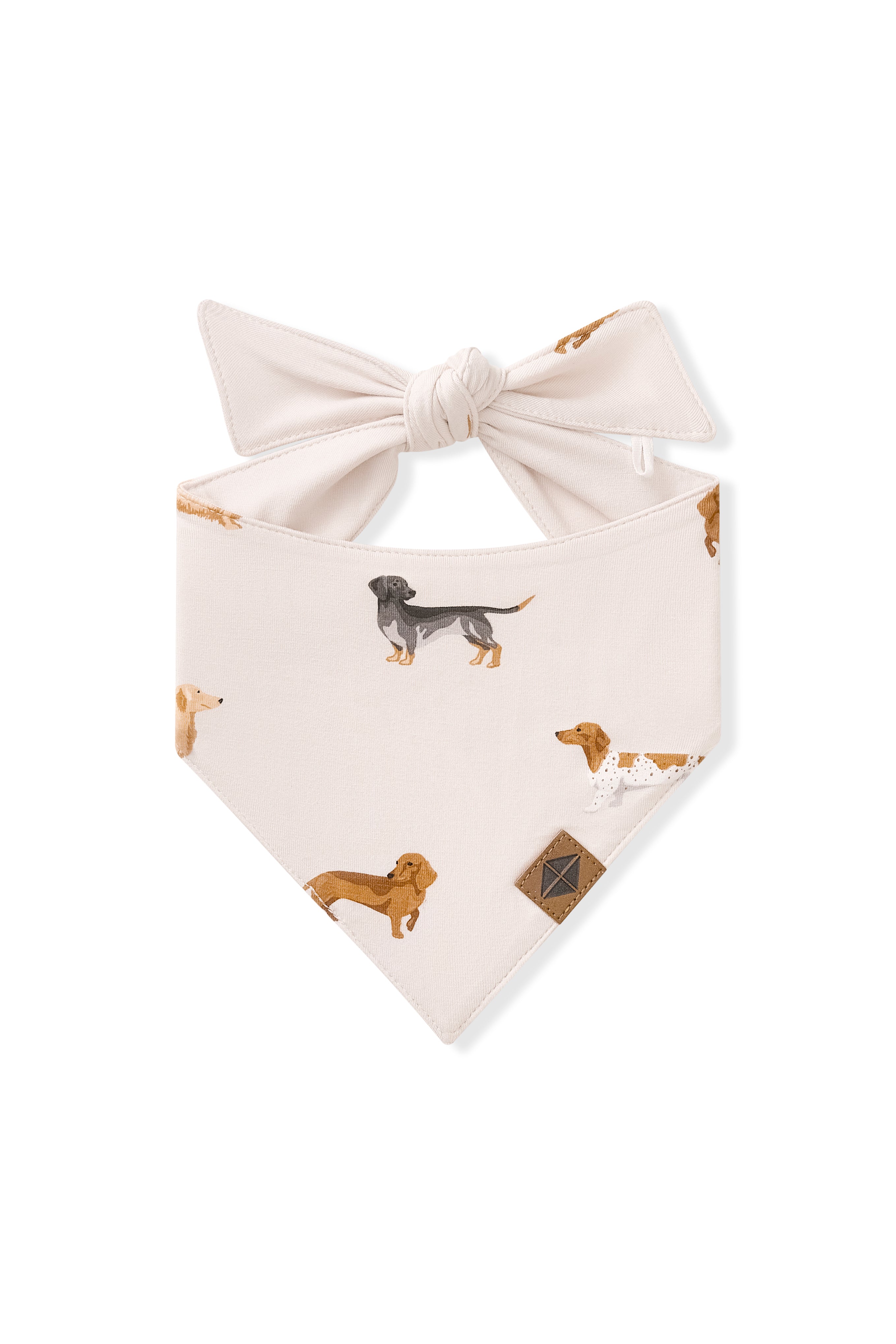 Product photo of the Dog Bandana in Dachshund print in front of a white back ground 