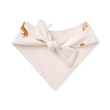 Back side of the tied  Dog Bandana in Dachshund print in front of a white back ground 